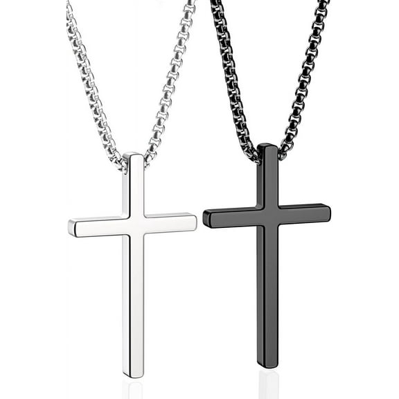 2 Pcs Cross Necklace for Men,Stainless Steel Pendant Silver Black Crosses Chain Jewelry Gifts Box 16-30 inches