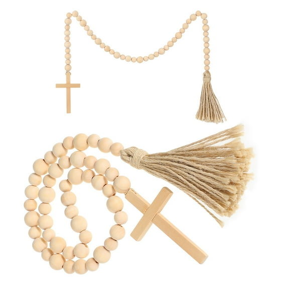 Set of 2 Cross Tassel Beads with Wooden Tray, Decorative Wall Beads Garland Ornament for Home Decor