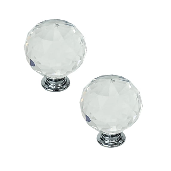 2 Pcs Crystal Glass Door Knob, Crystal and Chrome Modern Cabinet and Drawer Knob for Kitchen, Bathroom, and Furniture 30mm