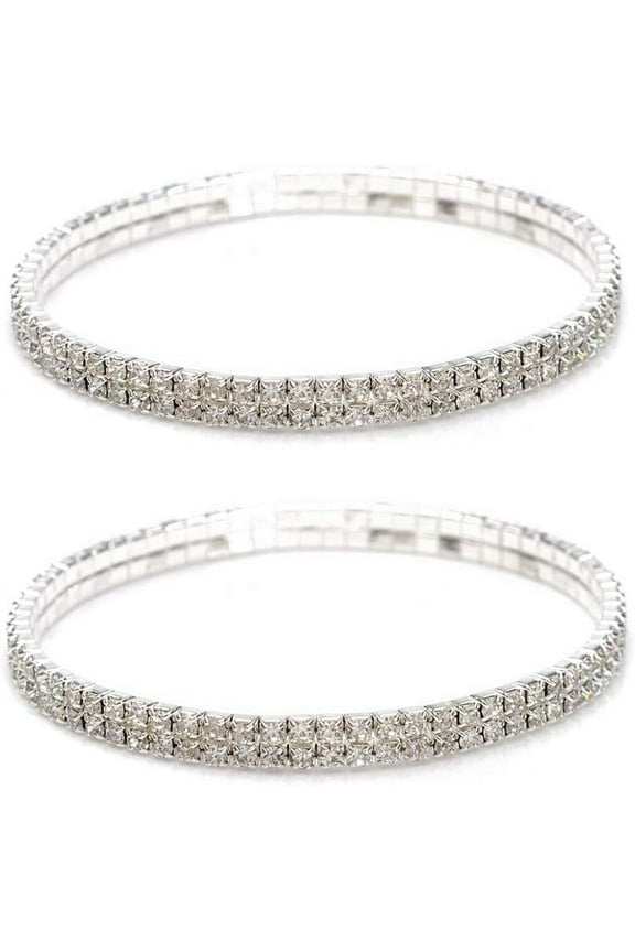 2 Pcs Crystal Rhinestone Anklets, Elastic Stretch Tennis Ankle Bracelets (Silver)