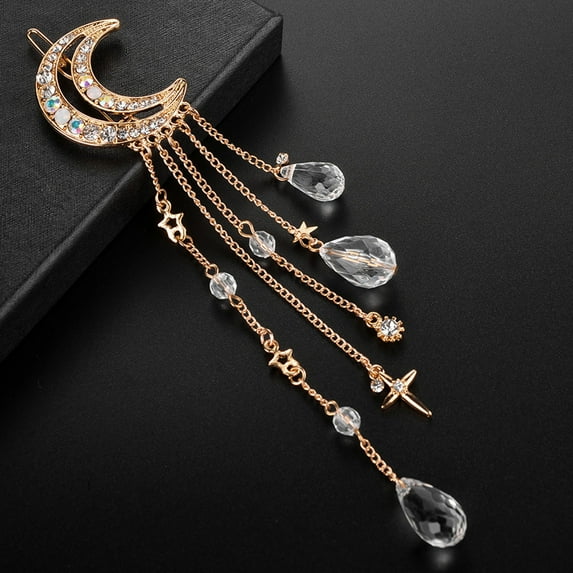 2 Pcs Crystal Rhinestone Dangle Hairpins with Moon, Star, and Tassel Charms - Hair Accessories, Barrettes, Hair Clips with Crystal Beads for Women, Bridal