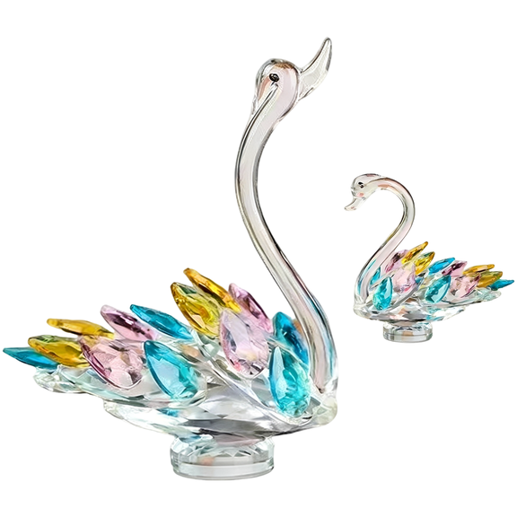 2 Pcs Crystal Swan Figurines Set, Multicolor Decorative Ornaments for Home Decor, Lowered-Neck Sculpture 5.9 x 5.5 in, Crystal Anniversary Gift for Women