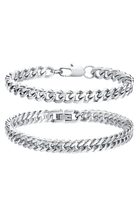 2 Pcs Cuban Chain Bracelet for Men, Sturdy Stainless Steel Curb Width Cuban Link Chain Bracelets Set, Stylish Hip Pop Hand Chains Jewelry, 7.4 Inches