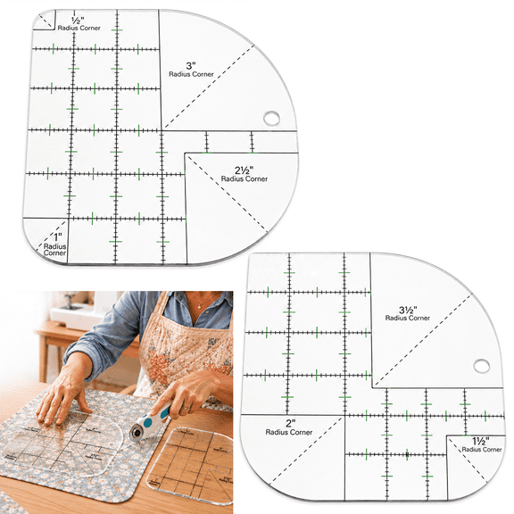 2 Pcs Curved Corner Cutter Quilt Ruler, 0.5 to 3.5 Inch Radius Corner and Right Angle Precision Quilting Templates, 6x6 Inch Acrylic Patchwork Ruler for DIY Sewing Supplies (Transparent)