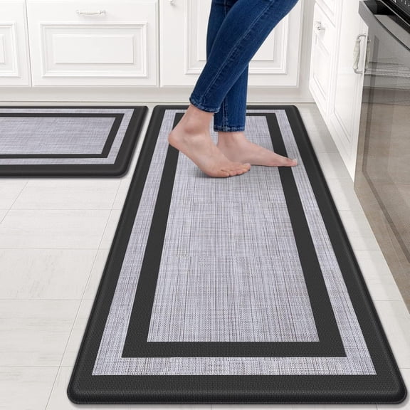 2 Pcs Cushioned Anti Fatigue Non Skid Waterproof Kitchen Mat Ergonomic Comfort Standing Floor Rug Black Gray