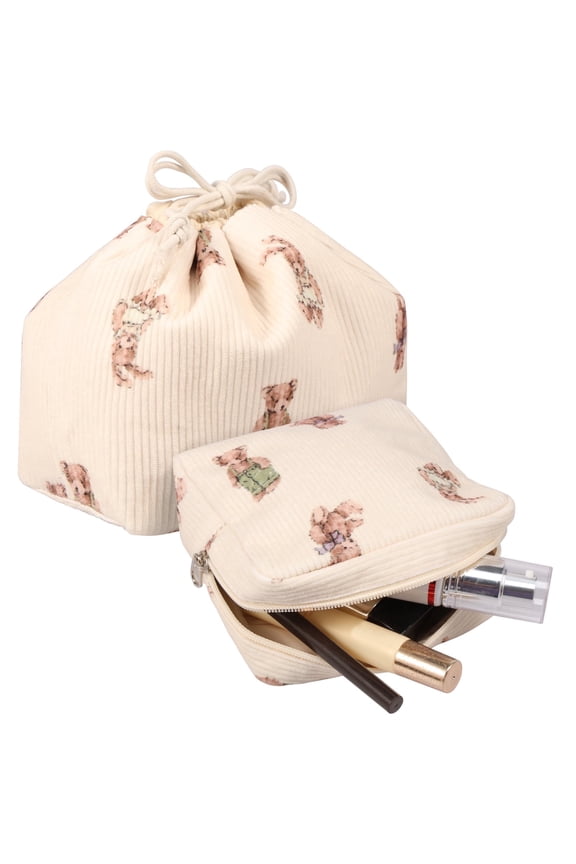 Corduroy Makeup Bag Set, Cute Bear Cosmetic Pouch with Drawstring Toiletry Organizer, Mini Travel Purse for Women, 2-Piece