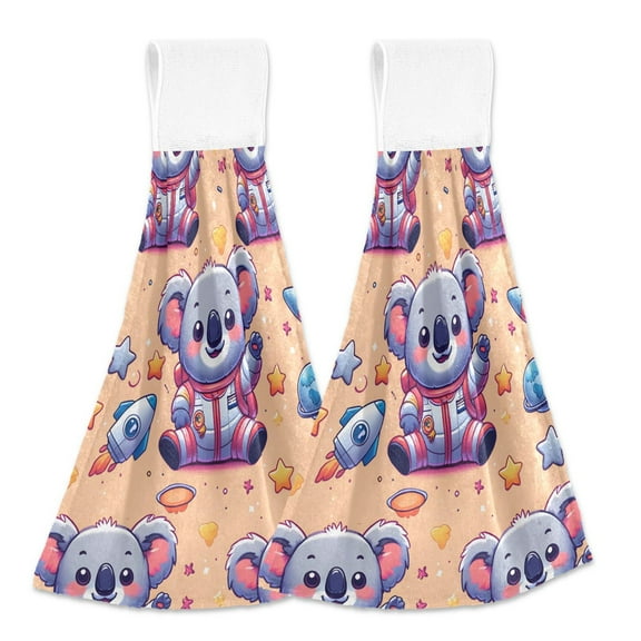 2 Pcs Cute Astronaut Koala Kitchen Hand Towels with Hanging Loops Absorbent Soft Fast Drying Decor Bath Towels