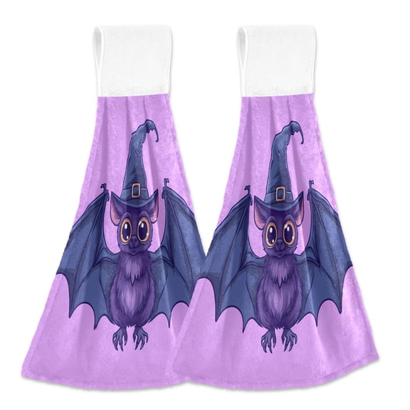 2 Pcs Cute Bat with Wizard Hat Kitchen Hand Towels with Hanging Loops Absorbent Soft Fast Drying Decor Bath Towels