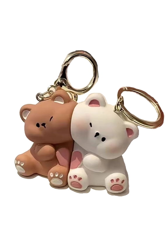 2 Pcs Cute Bear Couples Key Ring Magnetically Together Keychains, White/Brown
