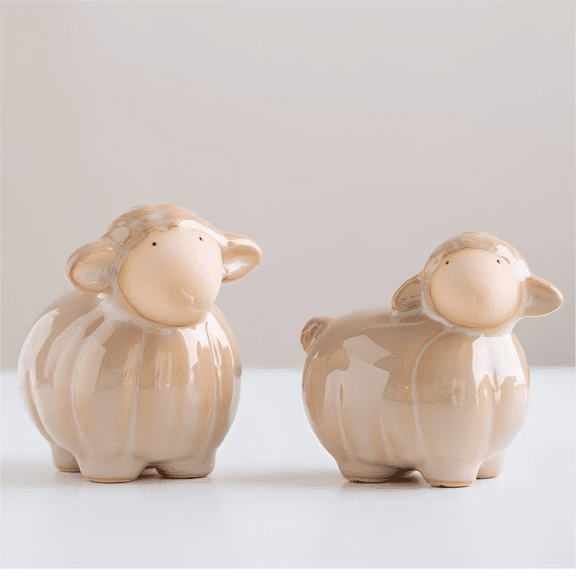 2 Pcs Cute Beige Ceramic Sheep Figurine, Creative Birthday Gift, Home Office Table Lamb Decor