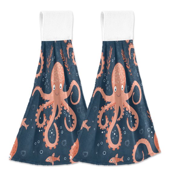 2 Pcs Cute Cartoon Octopus Kitchen Hand Towels with Hanging Loops Absorbent Soft Fast Drying Decor Bath Towels