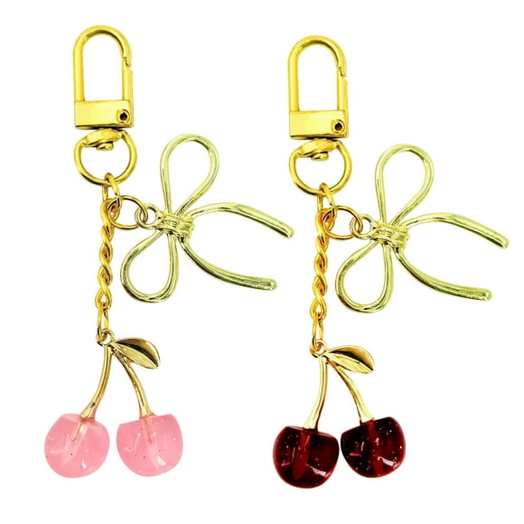 2 Pcs Cute Cherry Keychains, Pink Red Bag Charms for Women, Gold Bow Handbag Purse Pendant Keyring Accessories