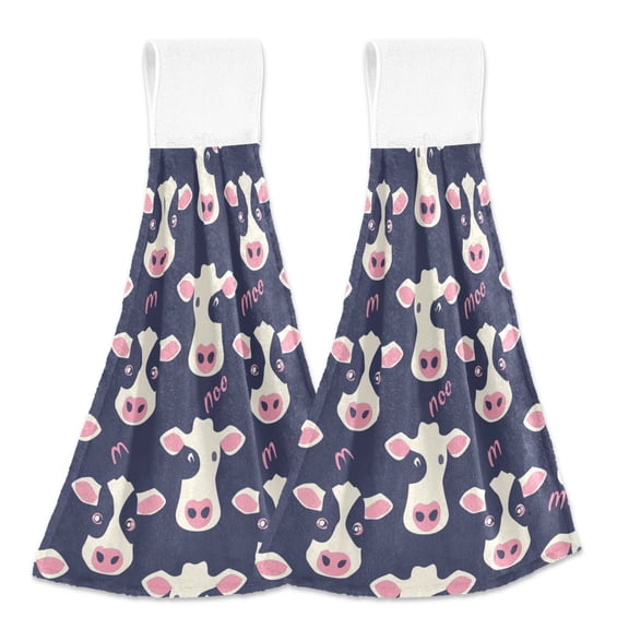 2 Pcs Cute Cows Face Kitchen Hand Towels with Hanging Loops Absorbent Soft Fast Drying Decor Bath Towels