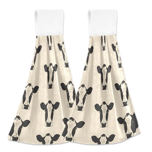2 Pcs Cute Cows Head Kitchen Hand Towels with Hanging Loops Absorbent Soft Fast Drying Decor Bath Towels