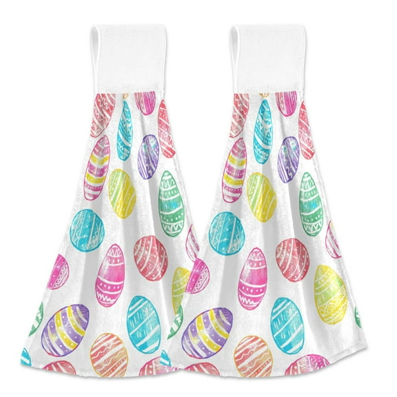 2 Pcs Cute Easter Eggs Kitchen Hand Towels with Hanging Loops Absorbent Soft Fast Drying Decor Bath Towels