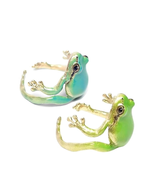 2 Pcs Cute Frog Rings for Women Adjustable Open Band Green Animal Finger Accessories Whimsical Jewelry for Best Friend Birthday Daily Wear