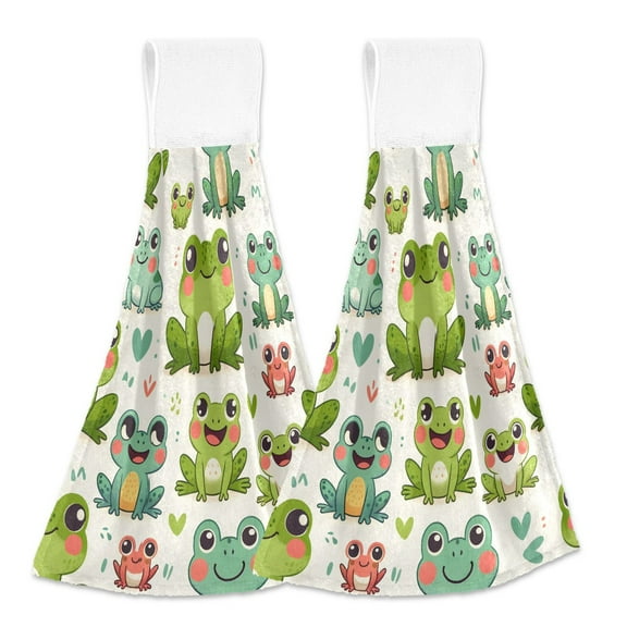 2 Pcs Cute Frogs and Heart Kitchen Hand Towels with Hanging Loops Absorbent Soft Fast Drying Decor Bath Towels