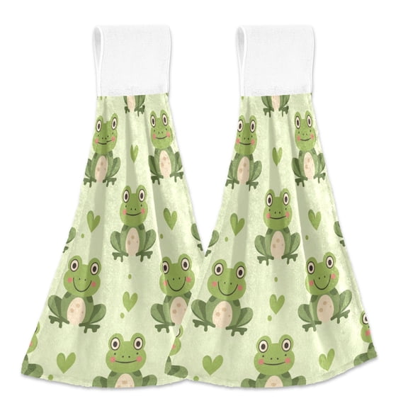 2 Pcs Cute Frogs with Heart Kitchen Hand Towels with Hanging Loops Absorbent Soft Fast Drying Decor Bath Towels