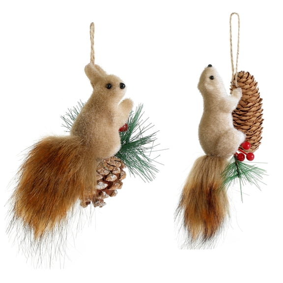 2 Pcs Cute Furry Christmas Squirrel Ornaments Woodland Animal Faux Fur Plush Hanging Ornament Simulation Forest Animal Christmas Tree Decoration for Holiday Xmas Tree Home Indoor Party GiftStyle 1