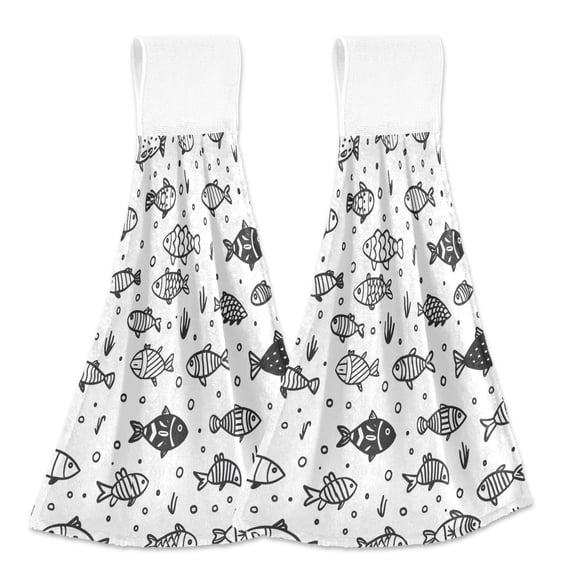 2 Pcs Cute Line Fishes Kitchen Hand Towels with Hanging Loops Absorbent Soft Fast Drying Decor Bath Towels