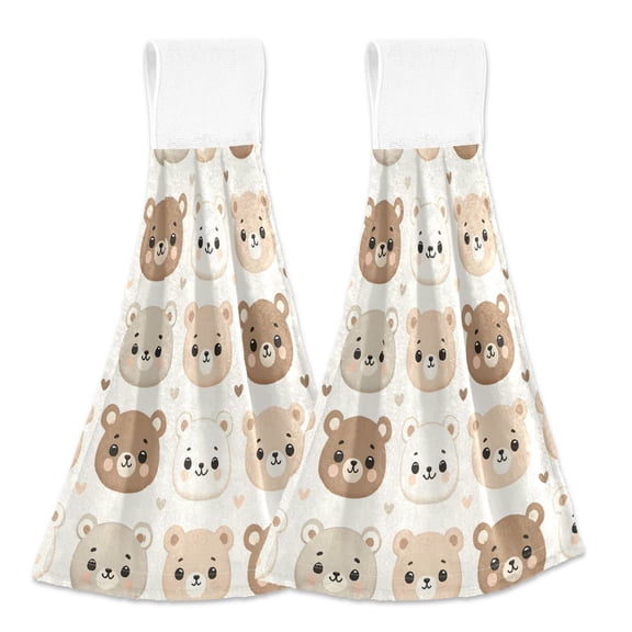 2 Pcs Cute Little Bear Face Kitchen Hand Towels with Hanging Loops Absorbent Soft Fast Drying Decor Bath Towels