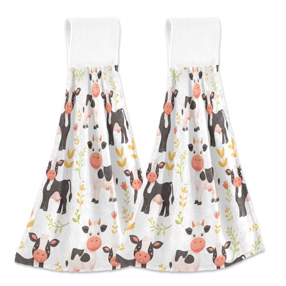 2 Pcs Cute Little Cow Kitchen Hand Towels with Hanging Loops Absorbent Soft Fast Drying Decor Bath Towels