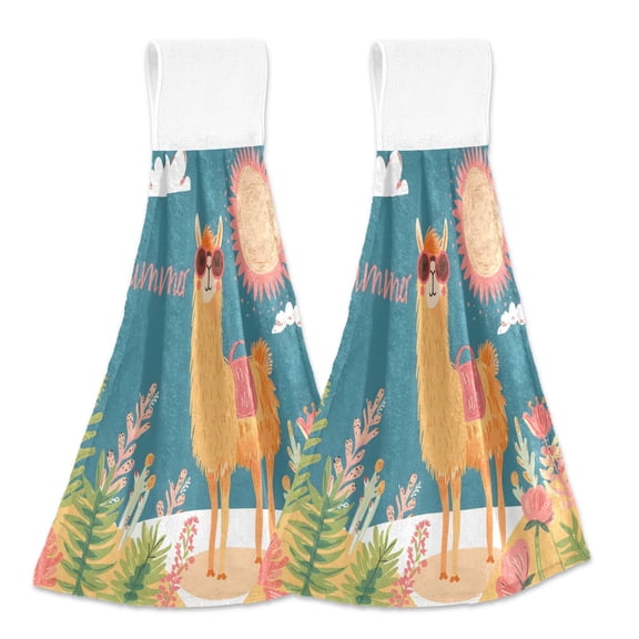 2 Pcs Cute Llama with Summer Sun Kitchen Hand Towels with Hanging Loops Absorbent Soft Fast Drying Decor Bath Towels