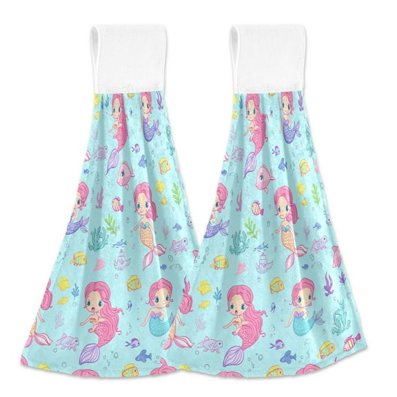 2 Pcs Cute Mermaid Fish Seaweed Kitchen Hand Towels with Hanging Loops Absorbent Soft Fast Drying Decor Bath Towels