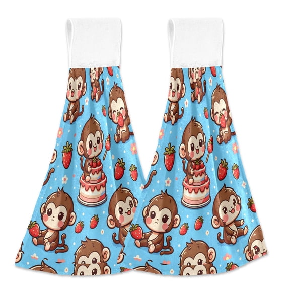 2 Pcs Cute Monkey on Cake Kitchen Hand Towels with Hanging Loops Absorbent Soft Fast Drying Decor Bath Towels