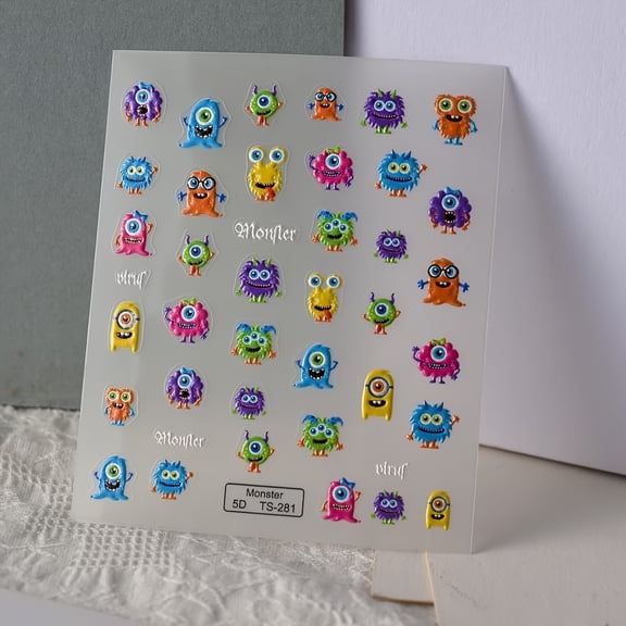 2 Pcs Cute Monster Nail Art Stickers - Fun Self-Adhesive Decorations for Creative Nail Designs