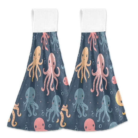 2 Pcs Cute Octopus Kitchen Hand Towels with Hanging Loops Absorbent Soft Fast Drying Decor Bath Towels