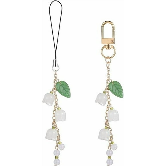 2 Pcs Cute Phone Charms Lily of The Valley Phonecharm Glass Flower Jade Leaf Beaded Flower Phone Strap Aesthetic Cellphone Wrist Strap Mobilephone Lanyard for Women Bag Keychain Camera Wallet