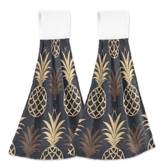 2 Pcs Cute Pineapple Silhouette Kitchen Hand Towels with Hanging Loops Absorbent Soft Fast Drying Decor Bath Towels