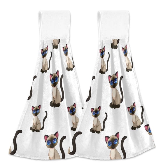2 Pcs Cute Siamese Cat Kitchen Hand Towels with Hanging Loops Absorbent Soft Fast Drying Decor Bath Towels