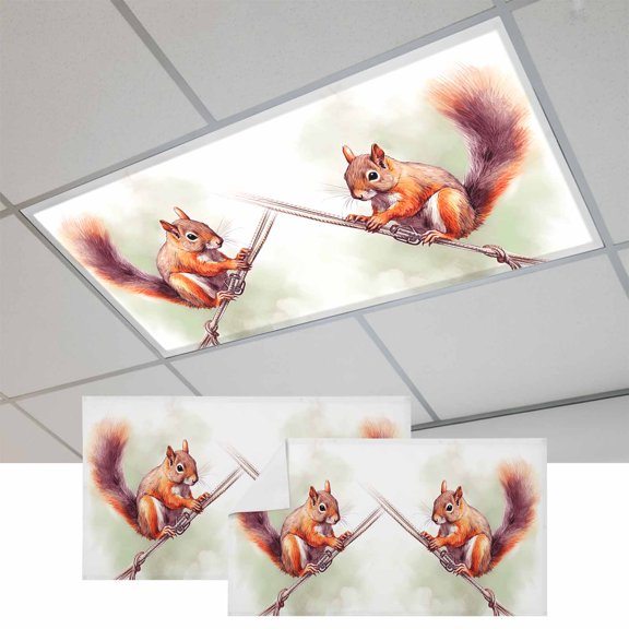 2 Pcs Cute Squirrel Fluorescent Light Covers Holding Rope Wild Life Magnetic Light Covers for Ceiling Lights 4 x 2 ft Drop Ceiling Lights Cover Shade for Office, Home, Hospital