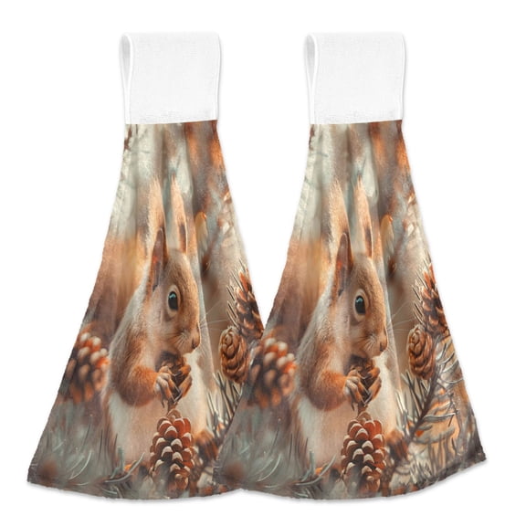 2 Pcs Cute Squirrels and Pine Cones Kitchen Hand Towels with Hanging Loops Absorbent Soft Fast Drying Decor Bath Towels