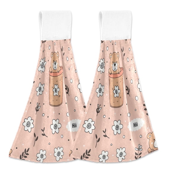 2 Pcs Cute Teddy Bear in Pot Kitchen Hand Towels with Hanging Loops Absorbent Soft Fast Drying Decor Bath Towels