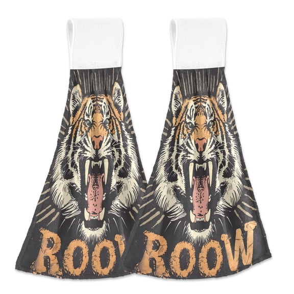 2 Pcs Cute Tiger Barking Kitchen Hand Towels with Hanging Loops Absorbent Soft Fast Drying Decor Bath Towels