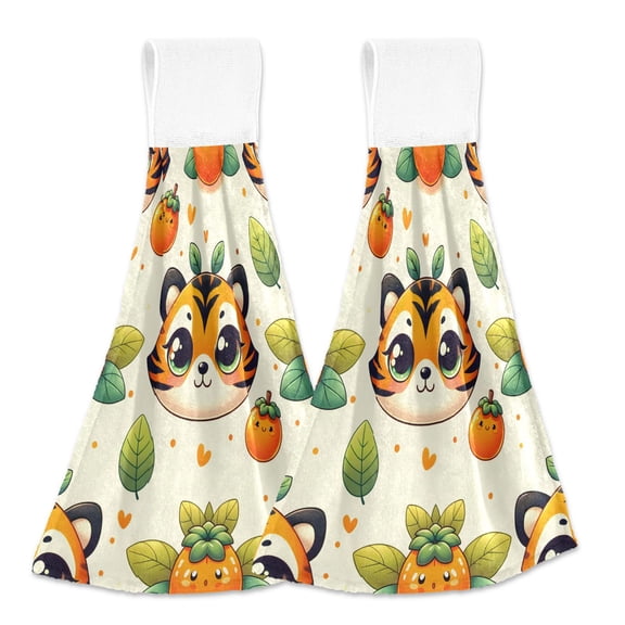 2 Pcs Cute Tiger Face and Persimmon Kitchen Hand Towels with Hanging Loops Absorbent Soft Fast Drying Decor Bath Towels