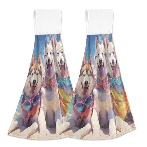 2 Pcs Cute Wolf with Sunglasses Kitchen Hand Towels with Hanging Loops Absorbent Soft Fast Drying Decor Bath Towels