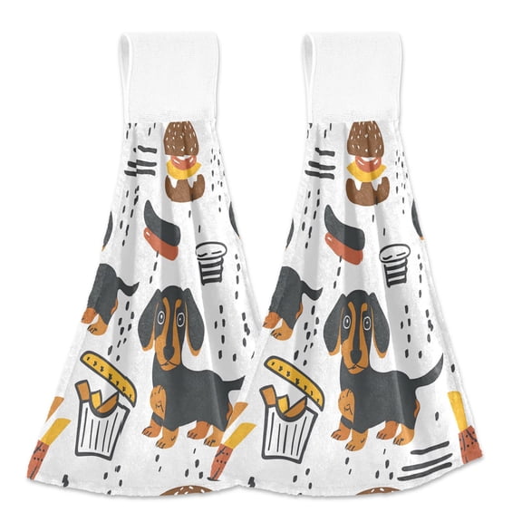 2 Pcs Dachshund Dog Hamburger French Fried Kitchen Hand Towels with Hanging Loops Absorbent Soft Fast Drying Decor Bath Towels