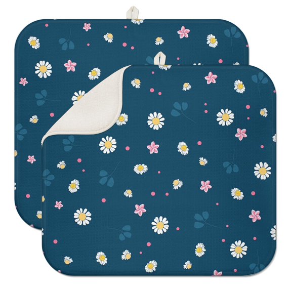 2 Pcs Daisy Floral Dish Drying Mat - 16 X 18 Inch Absorbent Microfiber Kitchen Counter Mat – Quick-Dry Dish Rack Alternative, Dish Drying Pad for Dishes, Cups, Utensils, Pots & Pans