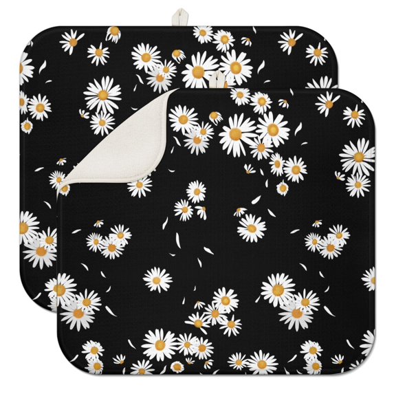 2 Pcs Daisy Floral Dish Drying Mat - 16 X 18 Inch Absorbent Microfiber Kitchen Counter Mat – Quick-Dry Dish Rack Alternative, Dish Drying Pad for Dishes, Cups, Utensils, Pots & Pans