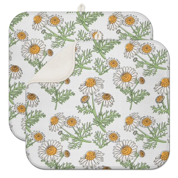2 Pcs Daisy Floral Dish Drying Mat - 16 X 18 Inch Absorbent Microfiber Kitchen Counter Mat – Quick-Dry Dish Rack Alternative, Dish Drying Pad for Dishes, Cups, Utensils, Pots & Pans