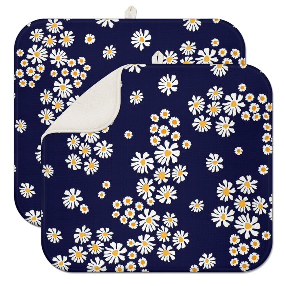 2 Pcs Daisy Floral Dish Drying Mat - 16 X 18 Inch Absorbent Microfiber Kitchen Counter Mat – Quick-Dry Dish Rack Alternative, Dish Drying Pad for Dishes, Cups, Utensils, Pots & Pans