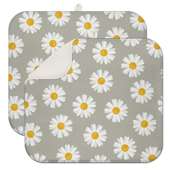 2 Pcs Daisy Floral Dish Drying Mat - 16 X 18 Inch Absorbent Microfiber Kitchen Counter Mat – Quick-Dry Dish Rack Alternative, Dish Drying Pad for Dishes, Cups, Utensils, Pots & Pans