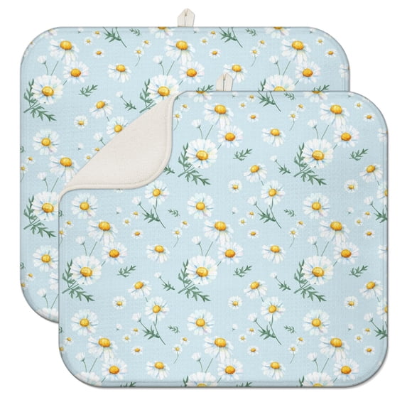 2 Pcs Daisy Floral Dish Drying Mat - 16 X 18 Inch Absorbent Microfiber Kitchen Counter Mat – Quick-Dry Dish Rack Alternative, Dish Drying Pad for Dishes, Cups, Utensils, Pots & Pans