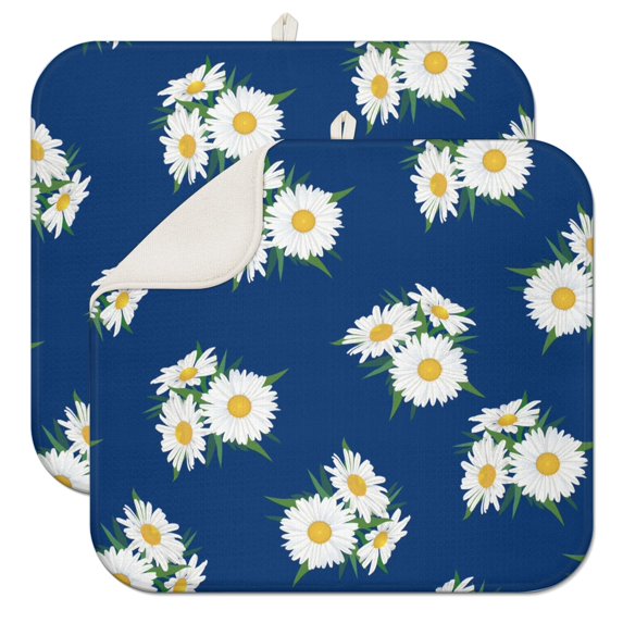2 Pcs Daisy Floral Dish Drying Mat - 16 X 18 Inch Absorbent Microfiber Kitchen Counter Mat – Quick-Dry Dish Rack Alternative, Dish Drying Pad for Dishes, Cups, Utensils, Pots & Pans