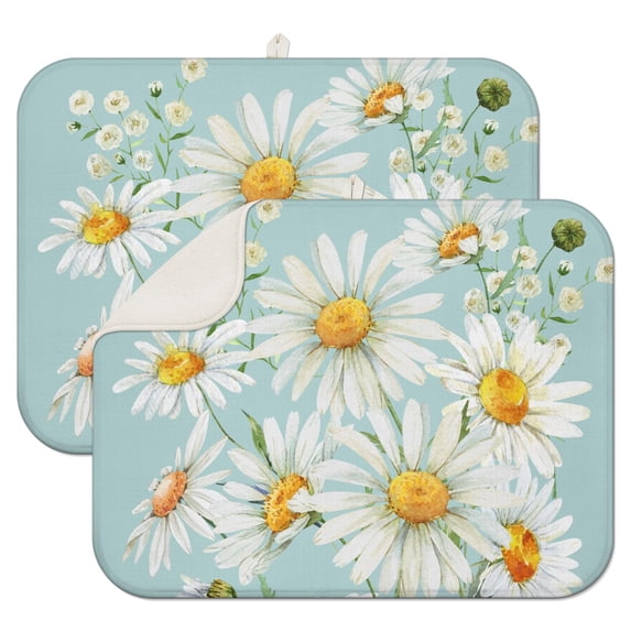2 Pcs Daisy Flower Dish Drying Mat - 18 X 24 Inch Absorbent Microfiber Kitchen Counter Mat – Quick-Dry Dish Rack Alternative, Dish Drying Pad for Dishes, Cups, Utensils, Pots & Pans