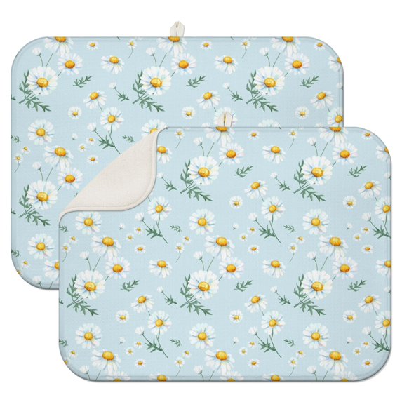 2 Pcs Daisy Flower Dish Drying Mat - 18 X 24 Inch Absorbent Microfiber Kitchen Counter Mat – Quick-Dry Dish Rack Alternative, Dish Drying Pad for Dishes, Cups, Utensils, Pots & Pans